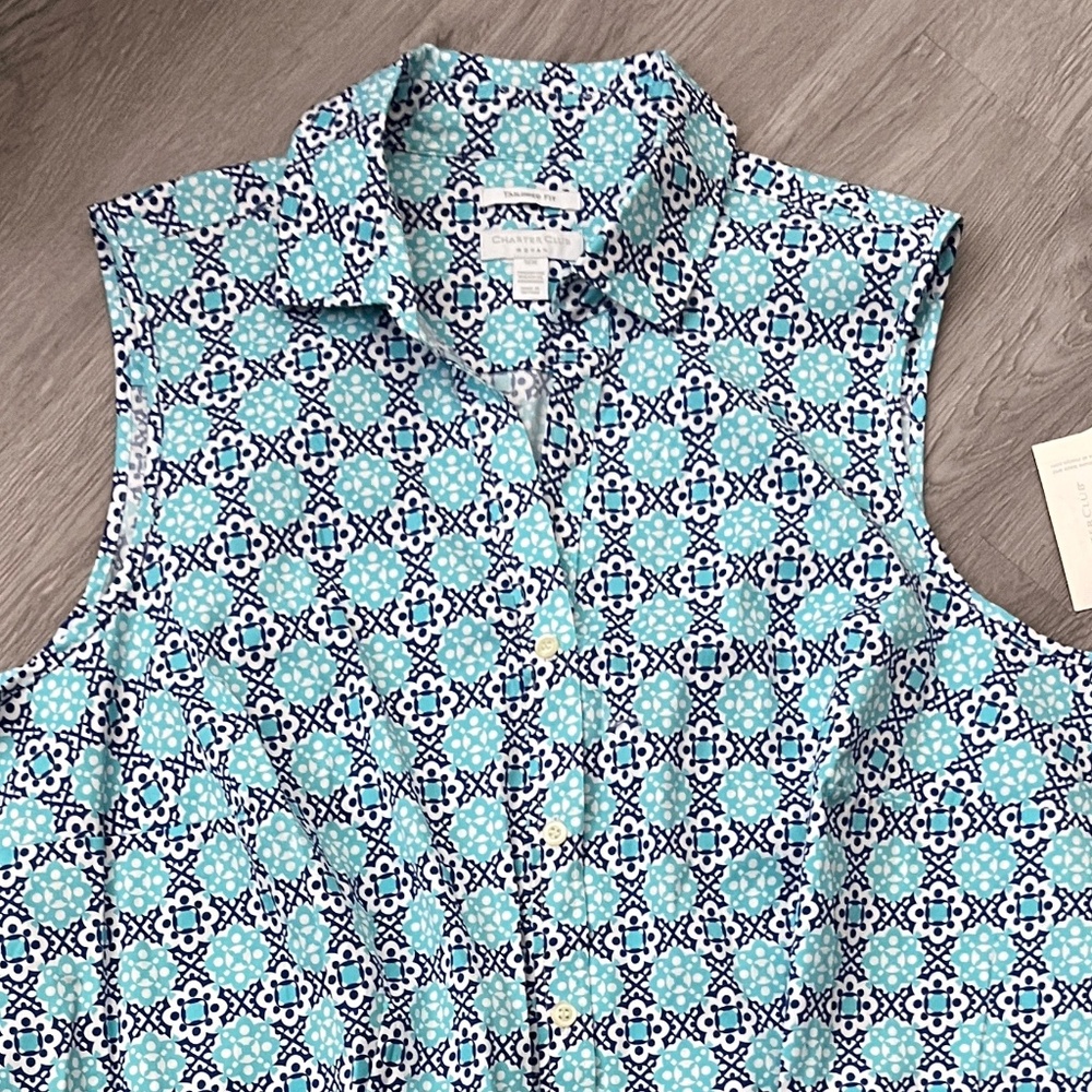 COPY- Charter Club Women's Tailored Fit Button Up Tank Top, Aqua Blue Plus 16W - Picture 2 of 7